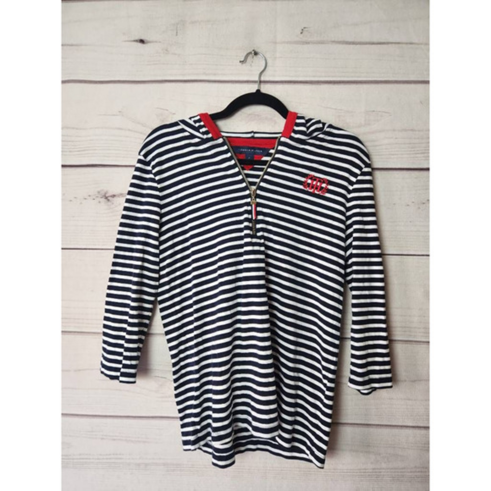 Tommy Hilfiger‎ Womens Hoodie Sweatshirt Blue White Striped Long Sleeve Logo M